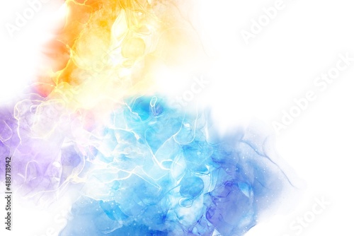 春夏用のアルコールインクアート）白背景にオレンジ・紫・青のマーブル 水彩 透明感 抽象的 波