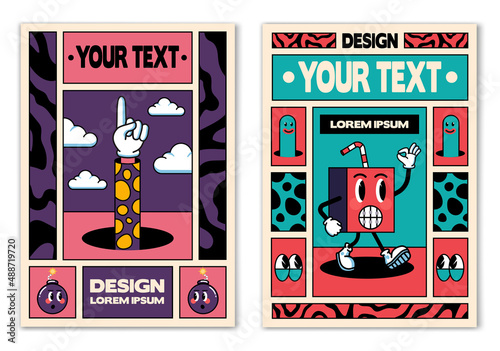 Retro posters or banners in cartoon 80s-90s comic style with fashion patches, pins and stickers. Can be used in cover design, book design, CD cover, advertising, posters and greeting cards. Vector
