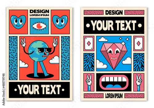 Retro posters or banners in cartoon 80s-90s comic style with fashion patches, pins and stickers. Can be used in cover design, book design, CD cover, advertising, posters and greeting cards. Vector