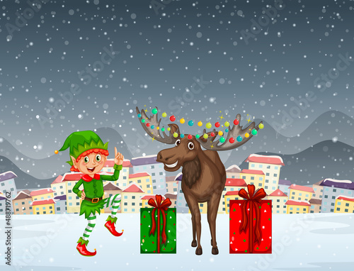 Snowy night scene with Christmas cartoon characters