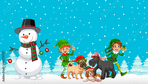 Christmas cartoon characters on snowy blue background