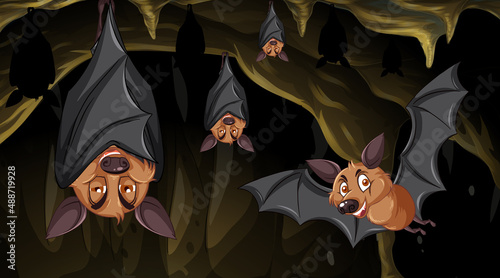 Cave scene with group of bats in cartoon style