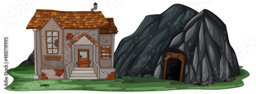 An abandoned house with a rock cave on white background