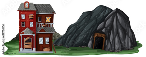 An abandoned house with a rock cave on white background