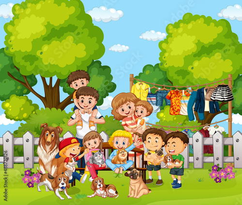 Outdoor scene with happy family and dogs