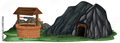 Isolated landscape with stone cave and well