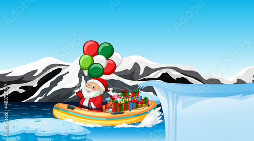 Snowy day with Santa Claus delivering gifts by motorboat