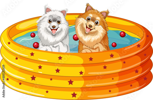 Two dogs bathing in yellow pool