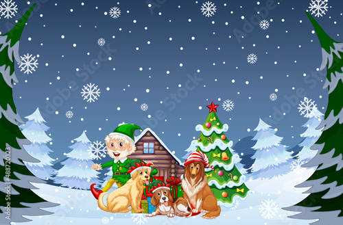 Snowy night scene with Christmas cartoon characters