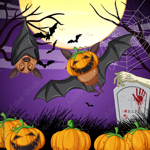 Halloween night scene with group of bats in cartoon style