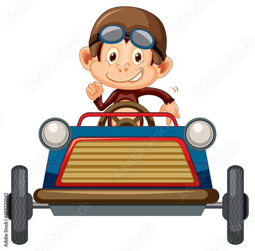 Little monkey driving race car on white background