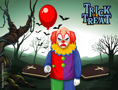 Creepy clown holding balloon on dark cemetery forest background
