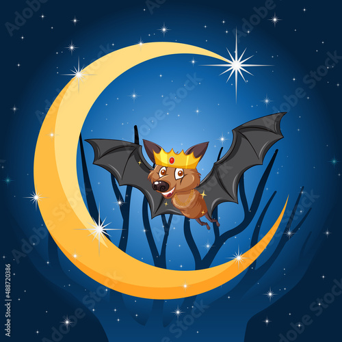 Cartoon bat with crescent moon background