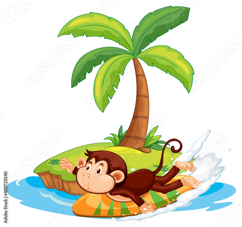Surfing monkey cartoon character on isolated island