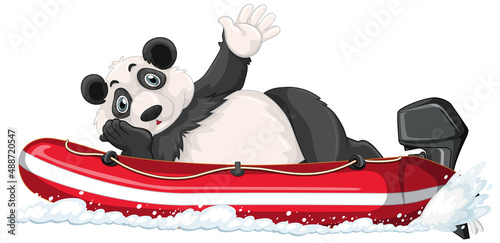 Panda on motor inflatable boat in cartoon style