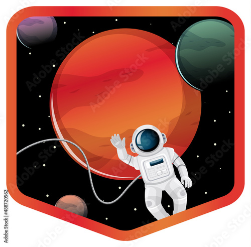 Astronaut and Mars in the space badge on white background