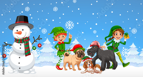 Christmas snowman and dogs on snowy blue background