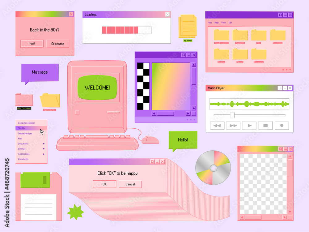 Set of various user interface elements in retro style. Tabs, icons ...