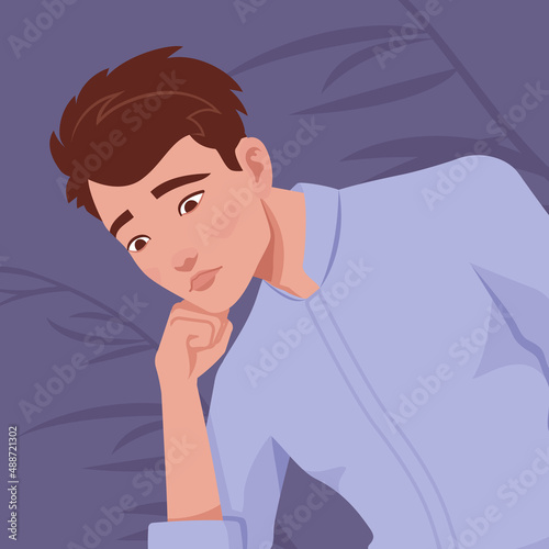 Young handsome businessman portrait, pensive pose, sad thoughtful. Thinking smart stylish student, guy, formal office wear full sleeves shirt. Vector flat style creative illustration, plant background