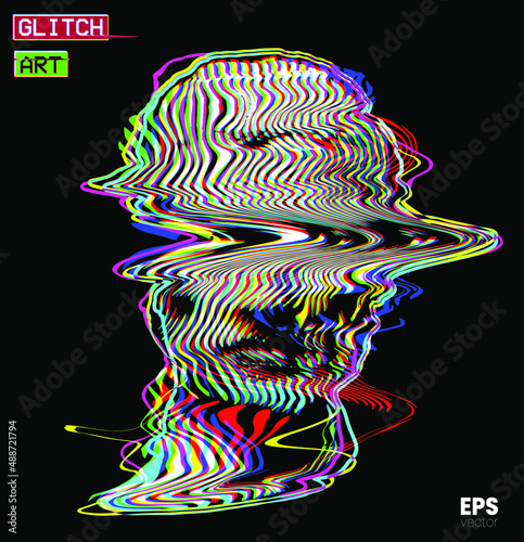 Glitch Art. Vector RGB color offset mode striped and glitch deformed pattern illustration from 3D rendering of classical head sculpture isolated on black background. 