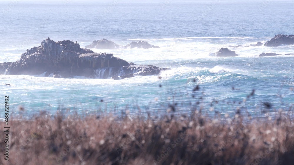 Obraz premium Rocky craggy ocean beach. Big waves crashing on bare cliff, blue water splashing, sea foam. Power of nature near Big Sur, 17-mile drive. Dramatic seascape. Point Lobos, Monterey, California coast, USA