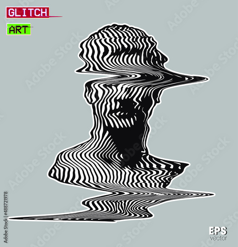 Glitch Art. Vector black and white striped and glitch deformed pattern illustration from 3D rendering of classical head bust sculpture isolated on grey background. 