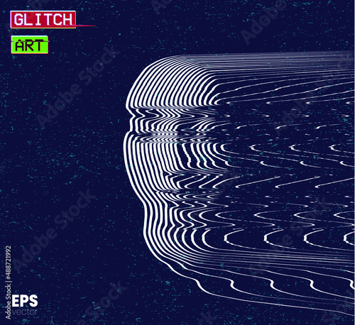 Glitch Art. Vector corrupted graphics concept illustration in black and white illustration from 3d rendering of female face in oscillator line halftone style and isolated on black background.