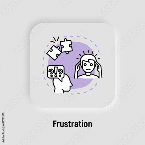 Frustration, emotional burnout concept with thin line icons, neurosis, exhausted, headache. Depression, professional crisis, low activity. Vector illustration.