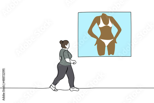 plus size woman walking or running near banner with thin female body in  underwear - one line drawing vector. concept of losing weight by the summer, marketing body shaming