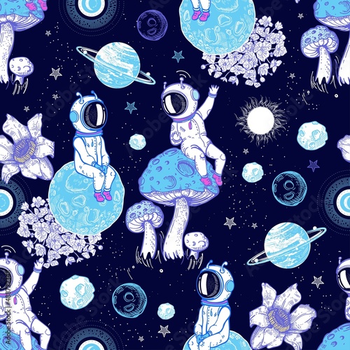 Little astronauts and fantasy space. Mushrooms are like planets. Space illustration.