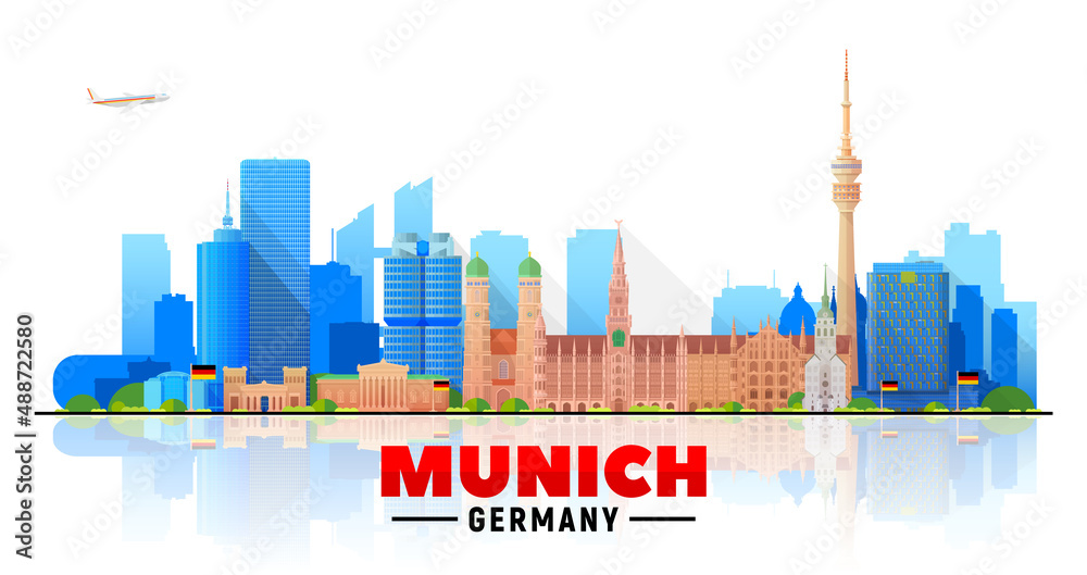 Munich ( Germany ) skyline with panorama in white background. Vector Illustration. Business travel and tourism concept with modern buildings. Image for presentation, banner, website.