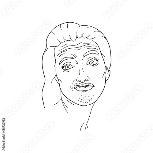 Outline drawing of a girl. Indignant face, folds of wrinkles, protruding lips