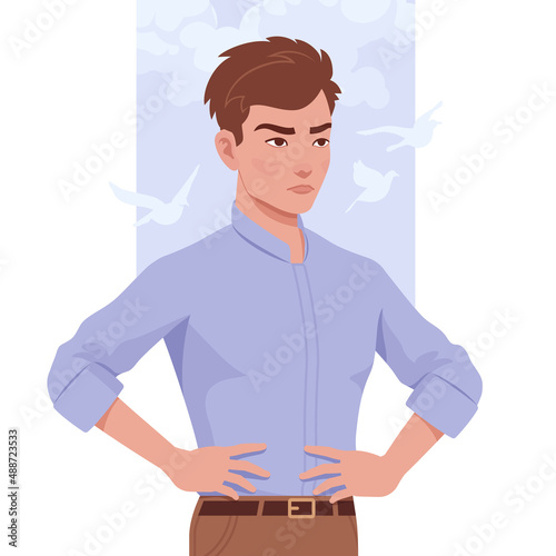 Young handsome businessman portrait, akimbo pose, seriously confident. Smart stylish student, guy in formal office wear full sleeves shirt. Vector flat style creative illustration, plant background