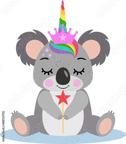 Cute unicorn koala holding star magic wand