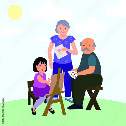 Happy grandparents painting with granddaughter, family day.