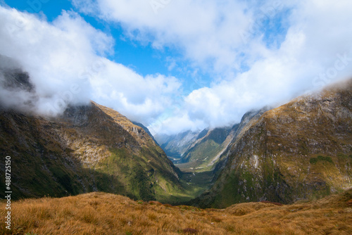 Clinton Valley in Fiordland National Park, the famous Milford Track Great Walk passes through. Scenic view from Mackinnon Pass, New Zealand