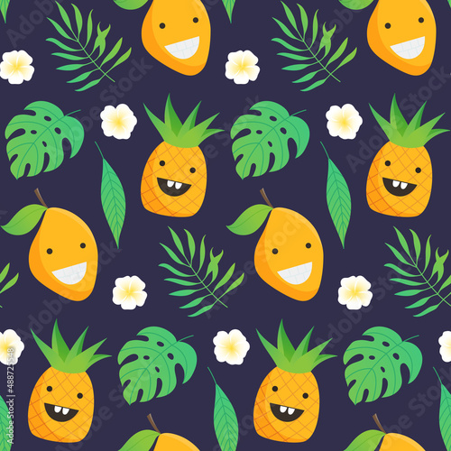 Seamless tropical fruits pattern. Cute pineapple and mango with leaves.