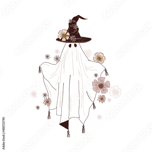 Floral spooky ghost in witch hat and white sheet vector illustration isolated on white. Classic Halloween icon scary haunt print for postcard or tee shirt design.