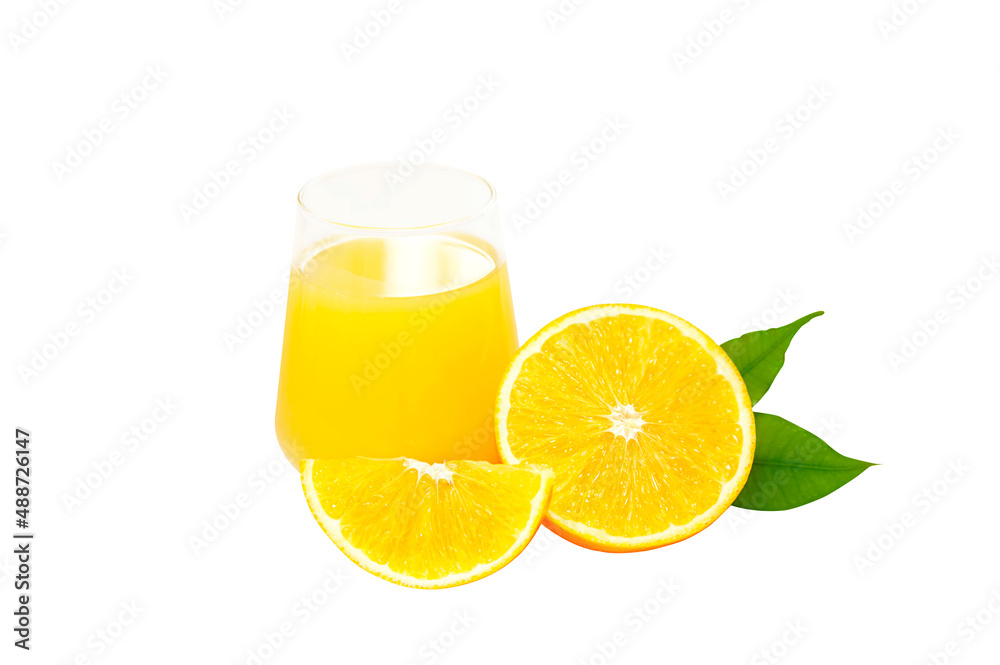 Orange juice in a glass with orange slices and green leaf isolated on white background. Orange juice in a glass with orange slices and green leaf isolated on white background.
