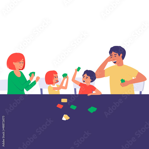 Parents with children play cards at the table. Family card game. The family got together to spend their leisure time. Flat vector illustration.