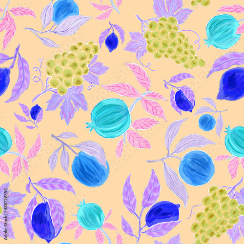 Creative seamless pattern with fruits: lemons, oranges, grapes and pomegranates. Oil paint effect. Bright summer print. Great design for any purposes 