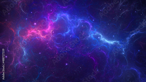 Space background. Colorful fractal nebula in purple and blue color with star field. Digital painting