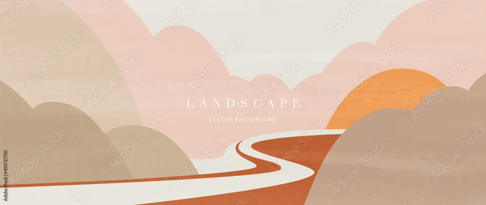 Abstract landscape on warm background. Mountain and road wallpaper in  minimal style design with earth tone and summer color. For prints,  interiors, wall art, decoration, covers, banner and poster. Stock Vector |