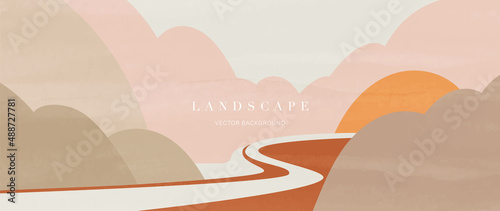 Abstract landscape on warm background. Mountain and road wallpaper in minimal style design with earth tone and summer color. For prints, interiors, wall art, decoration, covers, banner and poster.