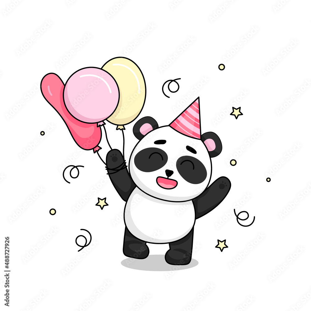 Happy panda in a festive hat with balloons. Cute vector illustration isolated on a white background. Happy panda in a festive hat with balloons. Cute vector illustration isolated on a white background.
