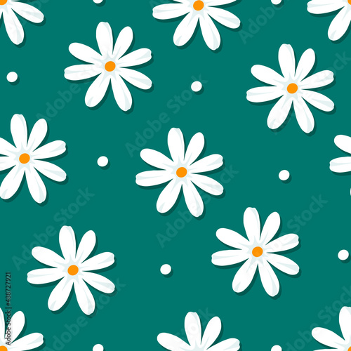 Seamless pattern with white daisies and dots on a green background. Cute vector illustration.