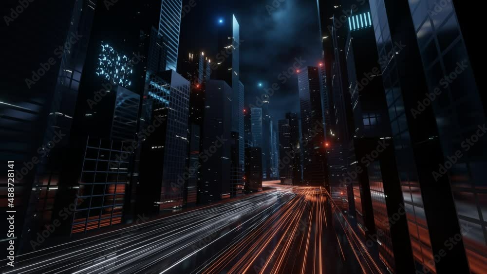 Trail lights from highway and light reflection from buildings in mega city at cloudy night. Seamless loop. Concept of technology background, cyberpunk, fin tech, big data, 5g fast network, AI