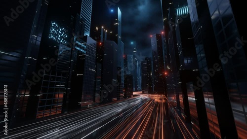 Trail lights from highway and light reflection from buildings in mega city at cloudy night. Seamless loop. Concept of technology background, cyberpunk, fin tech, big data, 5g fast network, AI photo