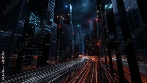 Trail lights from highway and light reflection from buildings in mega city at cloudy night. Seamless loop. Concept of technology background, cyberpunk, fin tech, big data, 5g fast network, AI