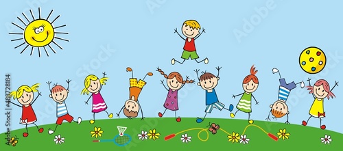 Ten happy jumping sports kids in meadow, vector illustration